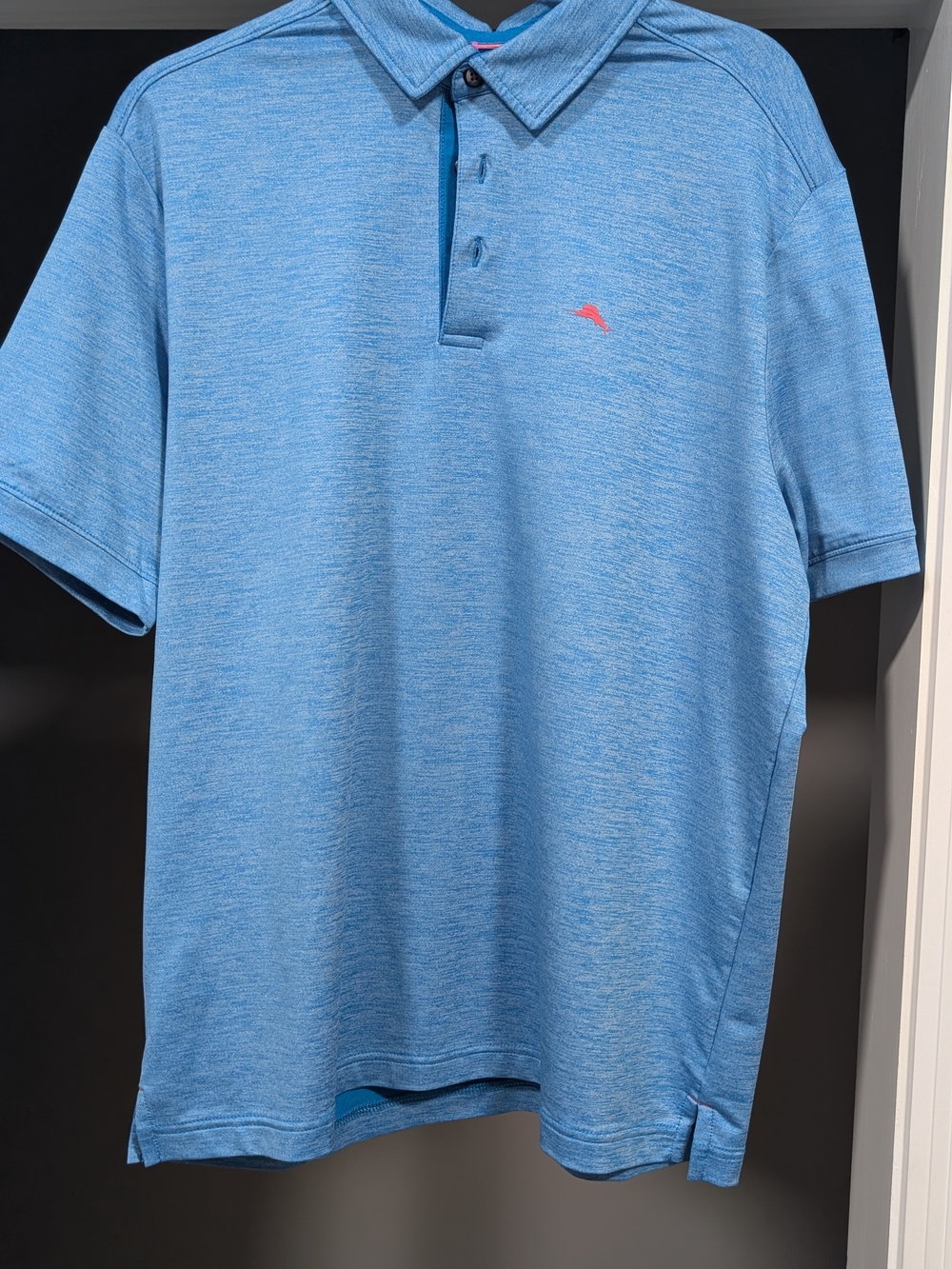 Tommy Bahama Light Blue Heather Polo with Pink Logo